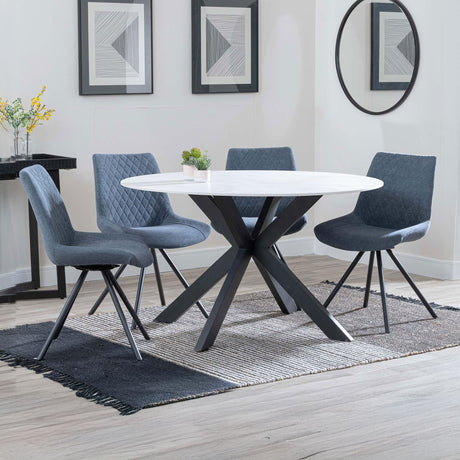 Megan White Ceramic 4 Seater Round Dining Set - Messina Fabric Swivel Dining Chair