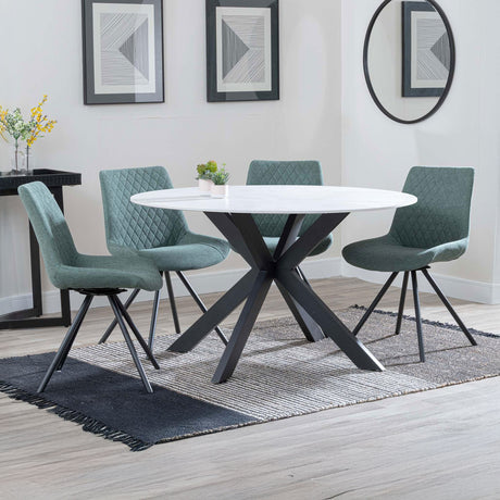 Megan White Ceramic 4 Seater Round Dining Set - Messina Fabric Swivel Dining Chair