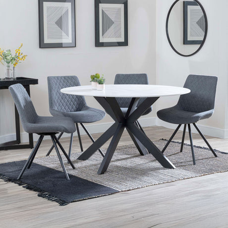 Megan White Ceramic 4 Seater Round Dining Set - Messina Fabric Swivel Dining Chair