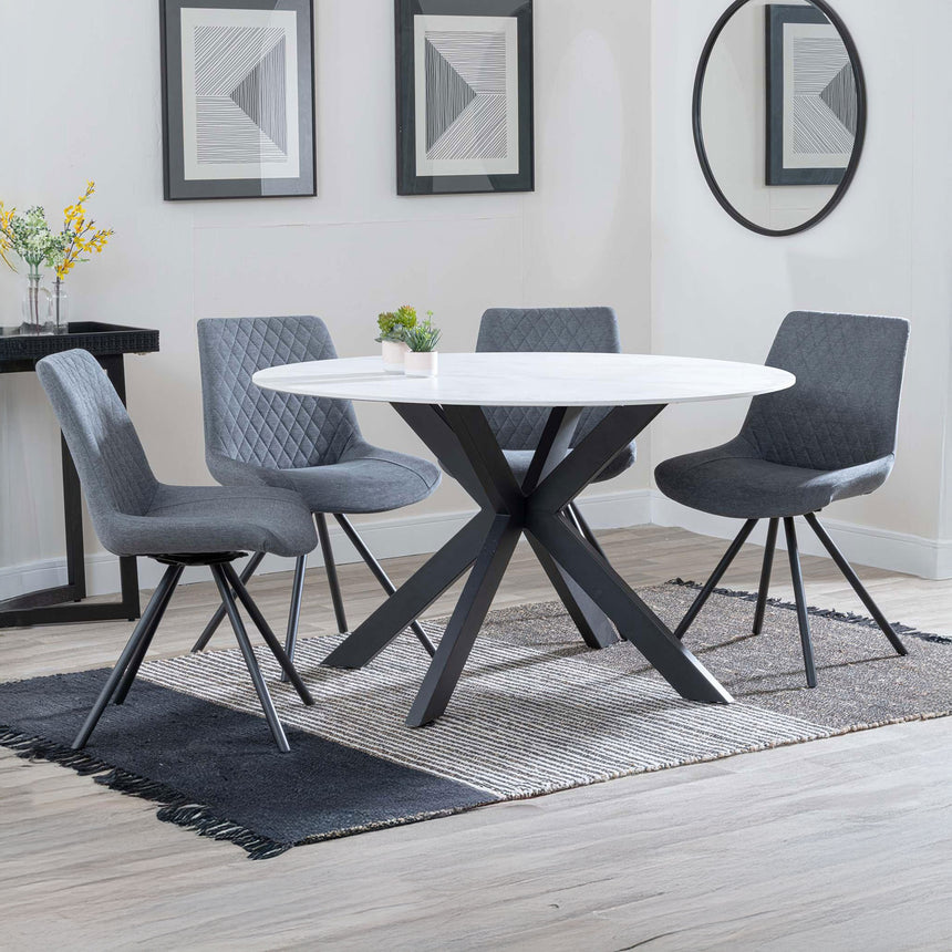 Megan White Ceramic 4 Seater Round Dining Set - Messina Fabric Swivel Dining Chair