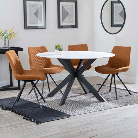 Megan White Ceramic 4 Seater Round Dining Set - Messina Fabric Swivel Dining Chair