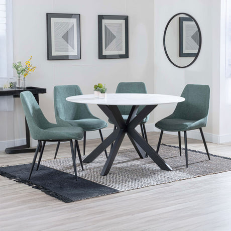 Megan White Ceramic 4 Seater Round Dining Set - Rovereto Fabric Dining Chair