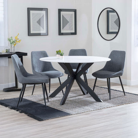 Megan White Ceramic 4 Seater Round Dining Set - Rovereto Fabric Dining Chair