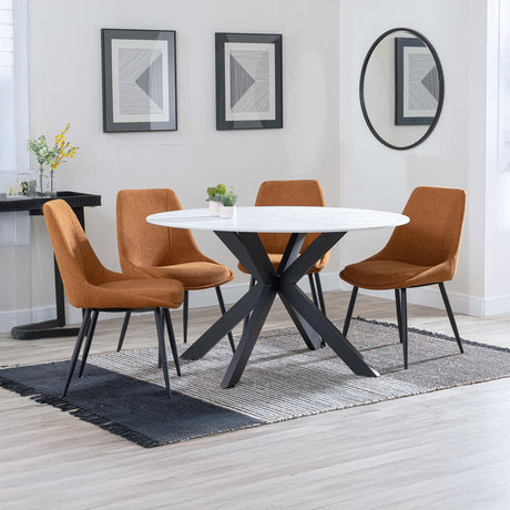 Megan White Ceramic 4 Seater Round Dining Set - Rovereto Fabric Dining Chair