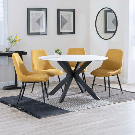 Megan White Ceramic 4 Seater Round Dining Set - Rovereto Fabric Dining Chair
