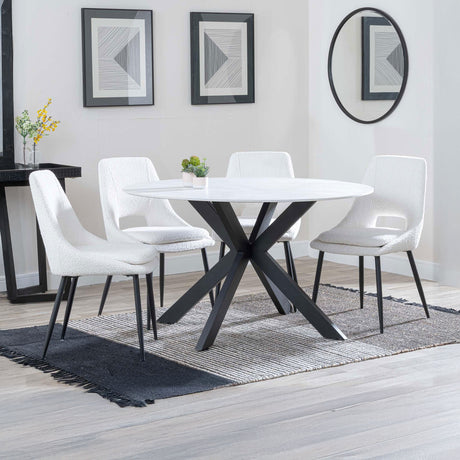 Megan White Ceramic 4 Seater Round Dining Set - Stansbury Fabric Dining Chair