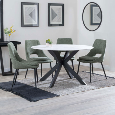 Megan White Ceramic 4 Seater Round Dining Set - Stansbury Fabric Dining Chair