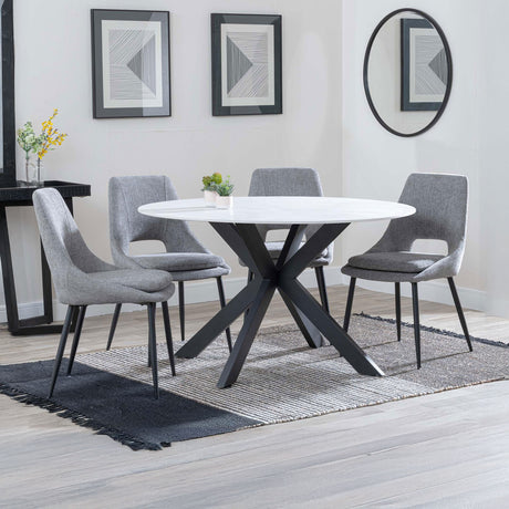Megan White Ceramic 4 Seater Round Dining Set - Stansbury Fabric Dining Chair