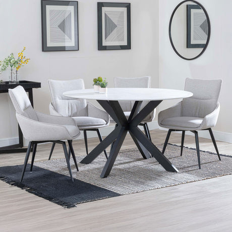 Megan White Ceramic 4 Seater Round Dining Set - Torres Fabric Swivel Dining Chair