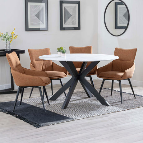 Megan White Ceramic 4 Seater Round Dining Set - Torres Fabric Swivel Dining Chair