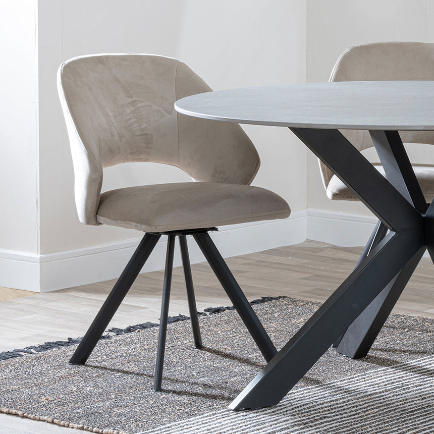 Megan Grey Ceramic 4 Seater Round Dining Set - Burano Velvet Fabric Swivel Dining Chair