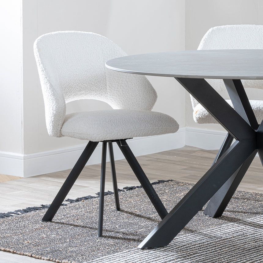 Megan Grey Ceramic 4 Seater Round Dining Set - Burano Velvet Fabric Swivel Dining Chair