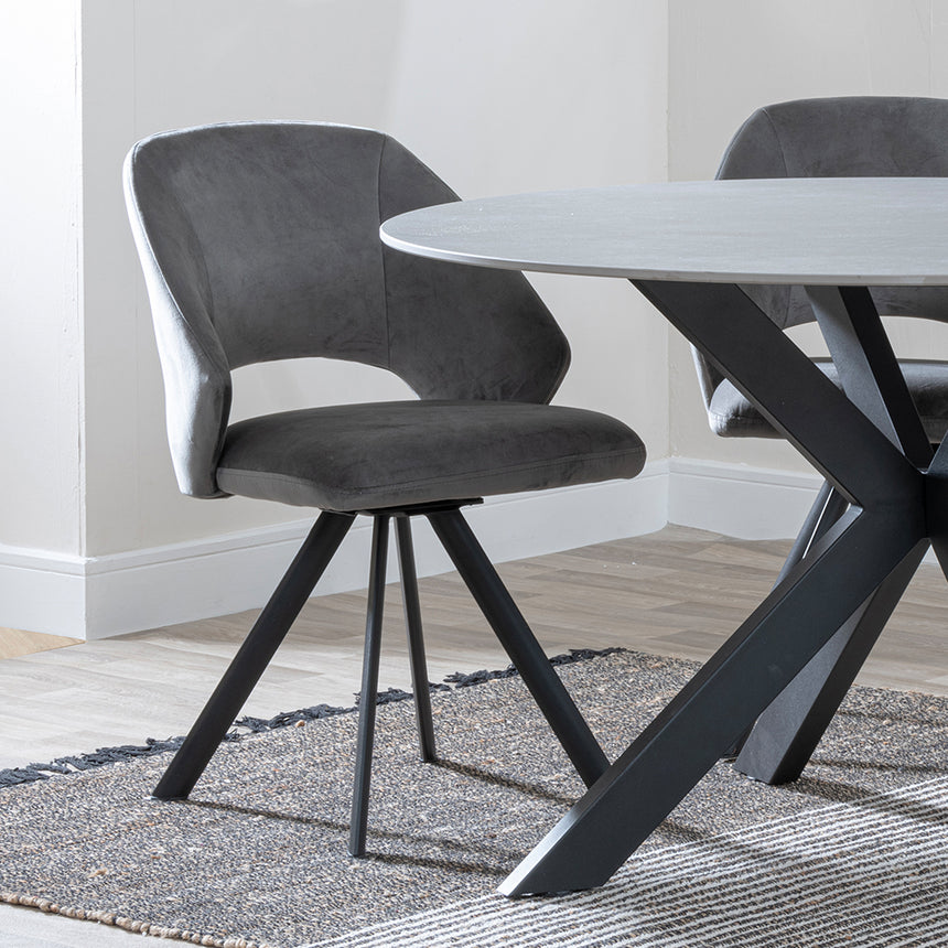 Megan Grey Ceramic 4 Seater Round Dining Set - Burano Velvet Fabric Swivel Dining Chair