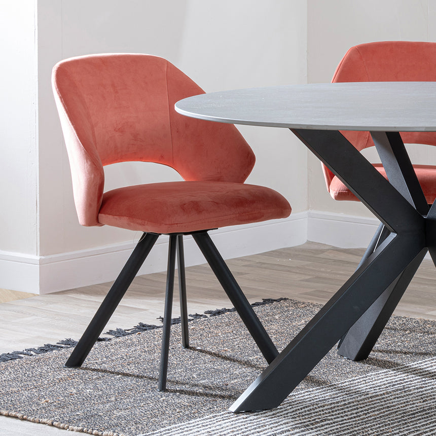 Megan Grey Ceramic 4 Seater Round Dining Set - Burano Velvet Fabric Swivel Dining Chair