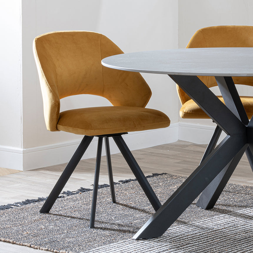 Megan Grey Ceramic 4 Seater Round Dining Set - Burano Velvet Fabric Swivel Dining Chair