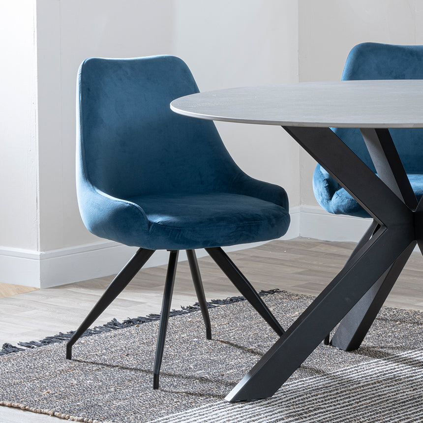 Megan Grey Ceramic 4 Seater Round Dining Set - Diana Velvet Fabric Swivel Dining Chair