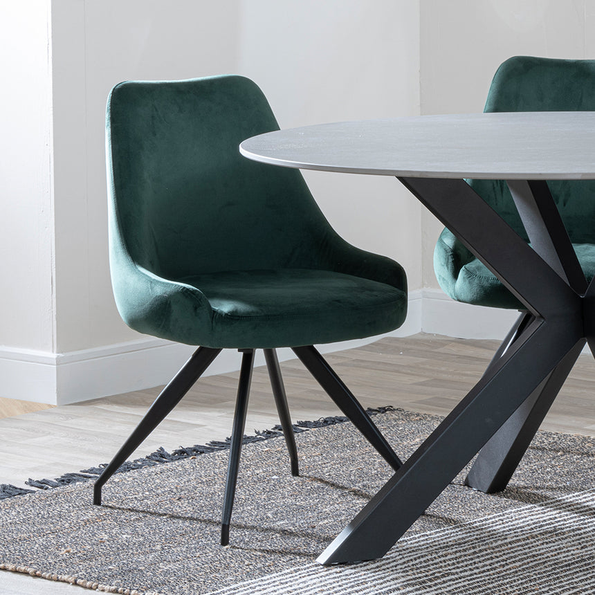 Megan Grey Ceramic 4 Seater Round Dining Set - Diana Velvet Fabric Swivel Dining Chair