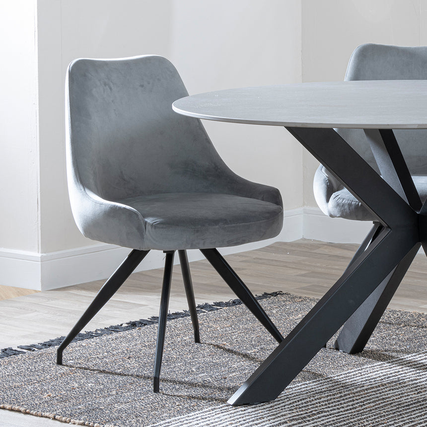 Megan Grey Ceramic 4 Seater Round Dining Set - Diana Velvet Fabric Swivel Dining Chair