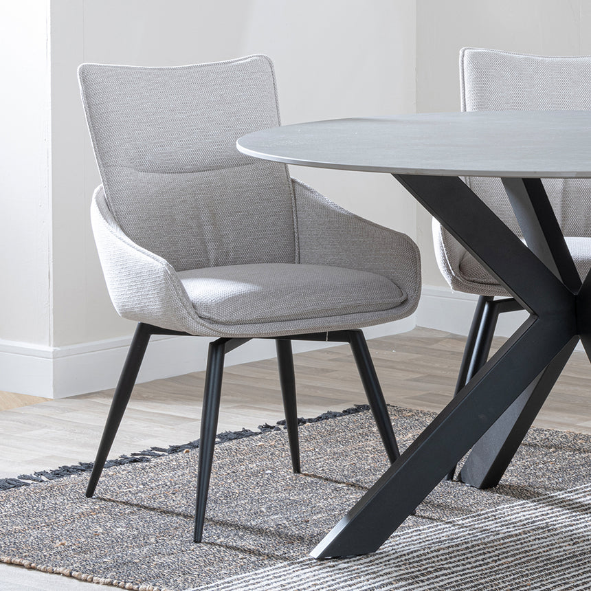 Megan Grey Ceramic 4 Seater Round Dining Set - Torres Fabric Swivel Dining Chair