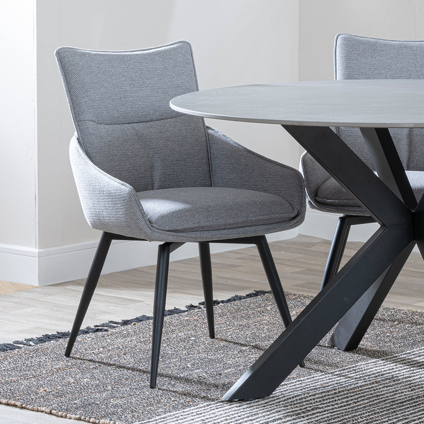 Megan Grey Ceramic 4 Seater Round Dining Set - Torres Fabric Swivel Dining Chair