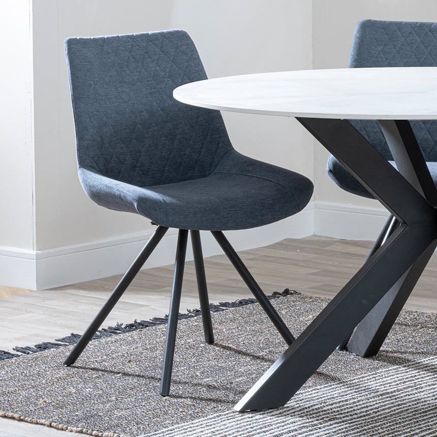 Megan White Ceramic 4 Seater Round Dining Set - Messina Fabric Swivel Dining Chair