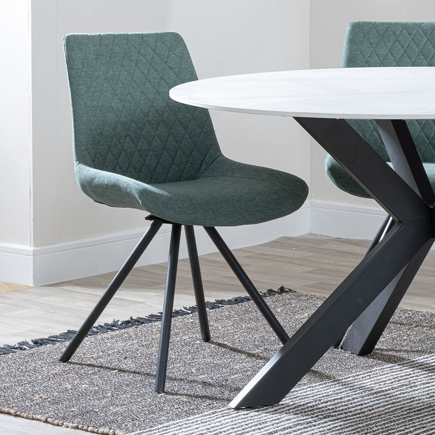 Megan White Ceramic 4 Seater Round Dining Set - Messina Fabric Swivel Dining Chair