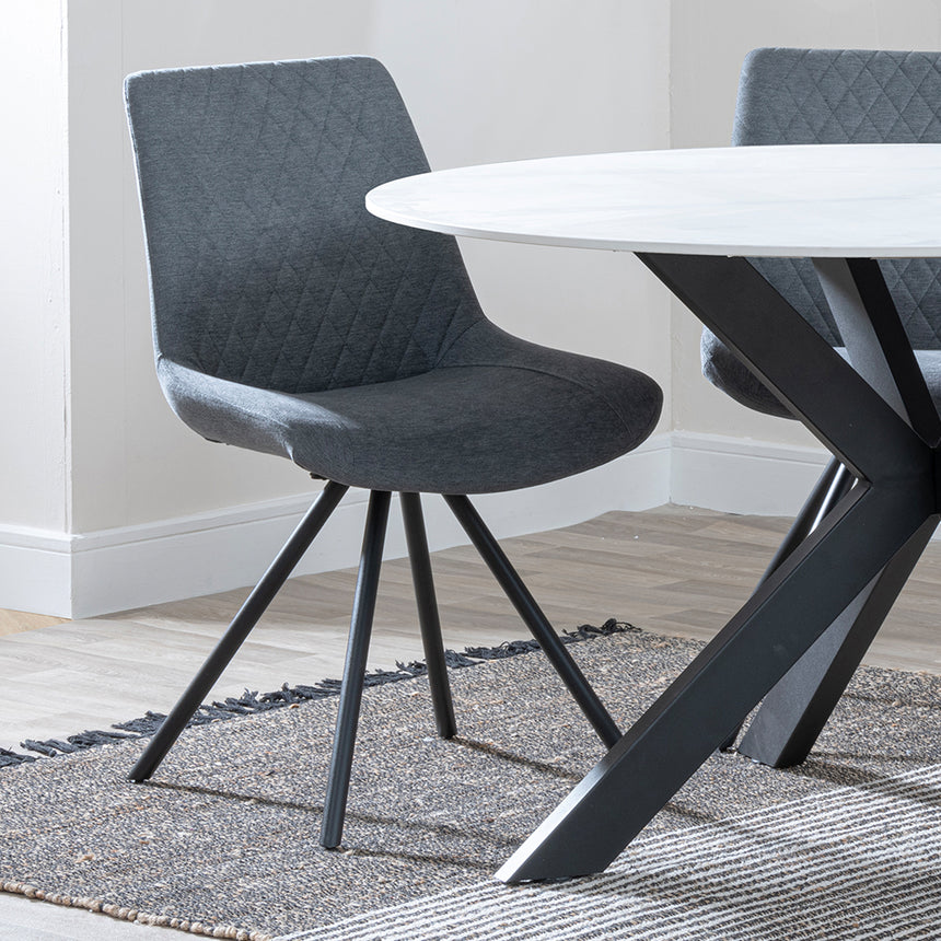 Megan White Ceramic 4 Seater Round Dining Set - Messina Fabric Swivel Dining Chair
