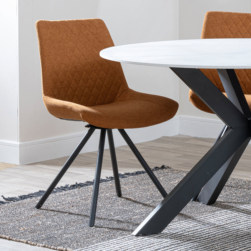 Megan White Ceramic 4 Seater Round Dining Set - Messina Fabric Swivel Dining Chair