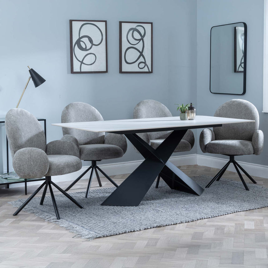 Veneto White Ceramic Dining Set - Altavista Grey Fabric Swivel Dining Chair