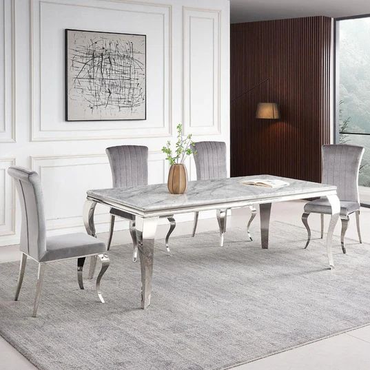 Milan Grey Marble and Chrome Dining Set - Velvet Fabric Chairs