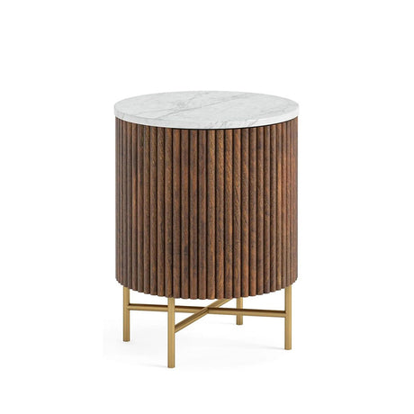 Nevada 1 Door Fluted Round Bedside Table with White Marble Top