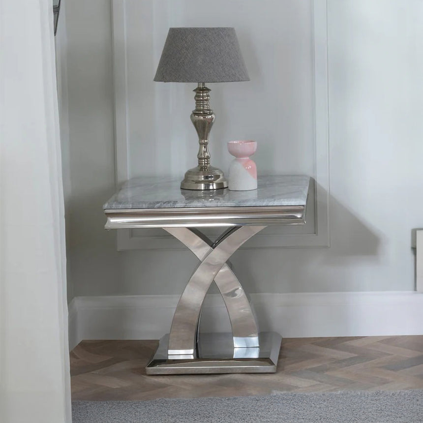 Palermo Grey Marble and Chrome Square Lamp Table with X-Cross Base