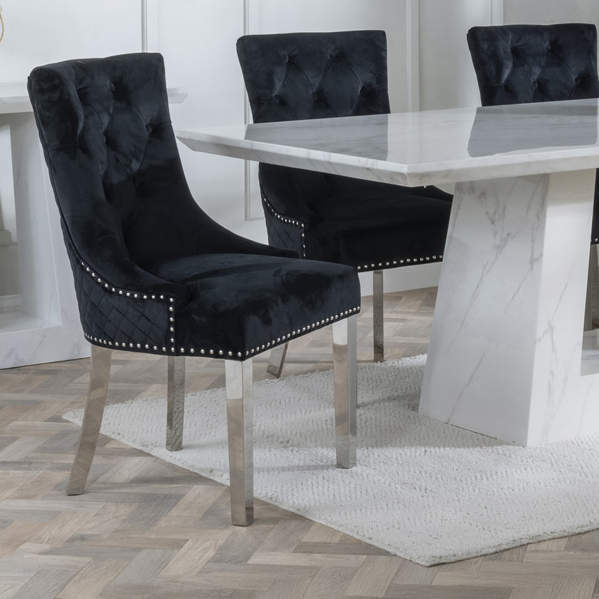 Pisa Marble Dining Set - Knocker Back Velvet Fabric Dining Chair with Chrome Legs