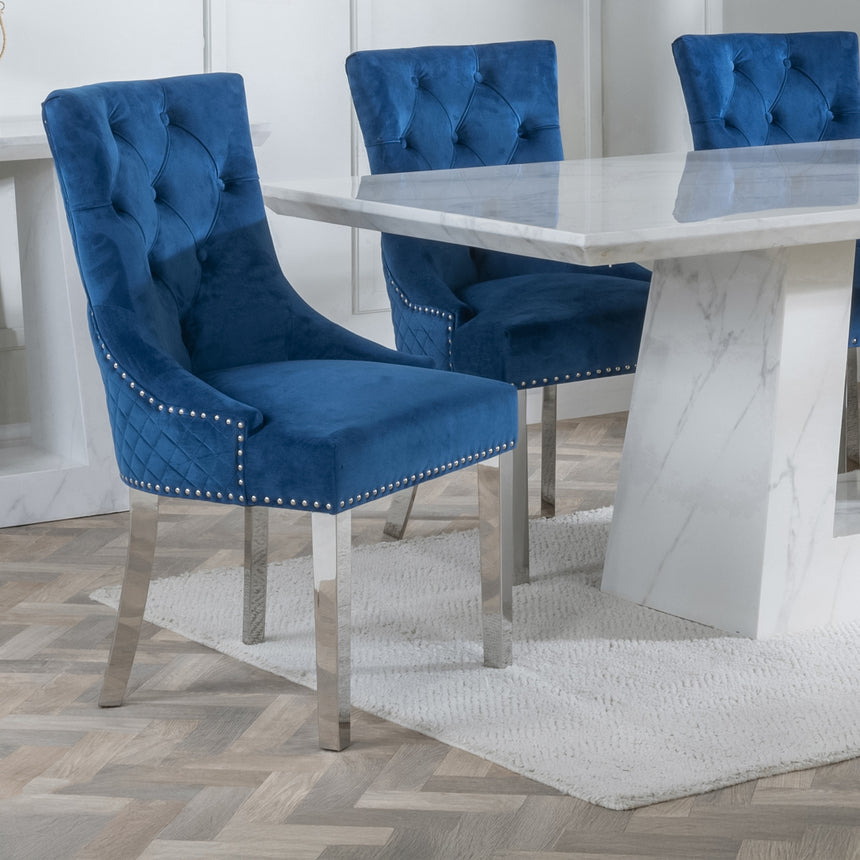 Pisa Marble Dining Set - Knocker Back Velvet Fabric Dining Chair with Chrome Legs