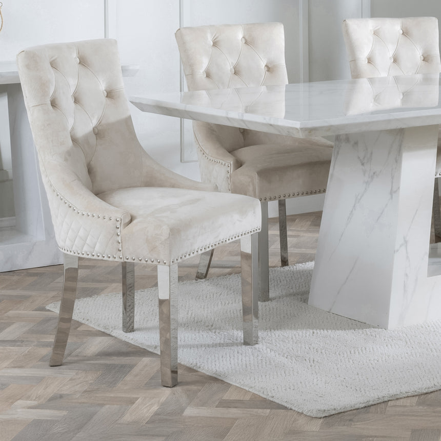 Pisa Marble Dining Set - Knocker Back Velvet Fabric Dining Chair with Chrome Legs