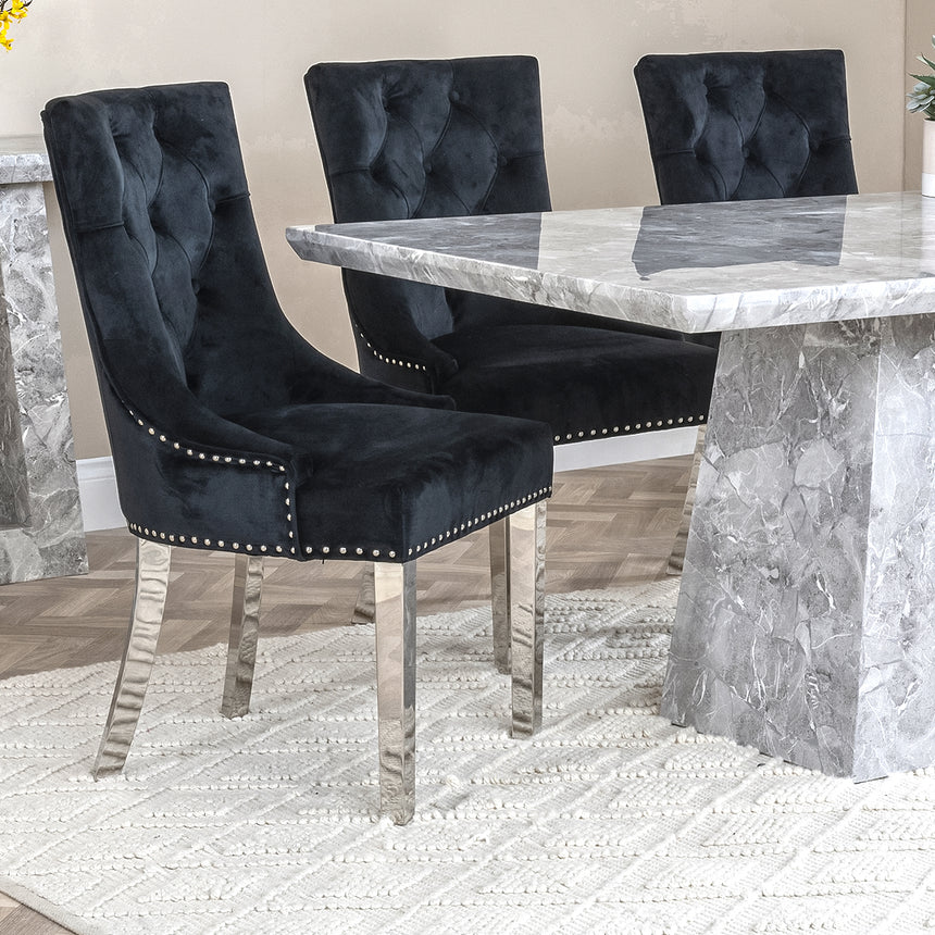 Pisa Marble Dining Set - Knocker Back Velvet Fabric Dining Chair with Chrome Legs