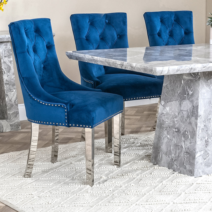 Pisa Marble Dining Set - Knocker Back Velvet Fabric Dining Chair with Chrome Legs