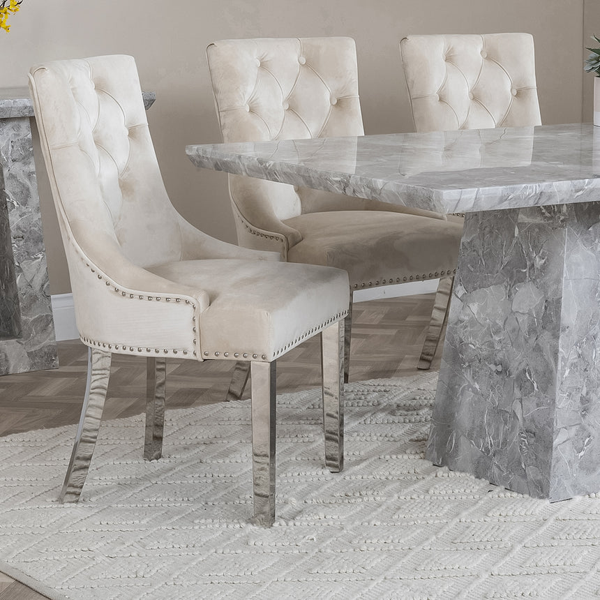 Pisa Marble Dining Set - Knocker Back Velvet Fabric Dining Chair with Chrome Legs