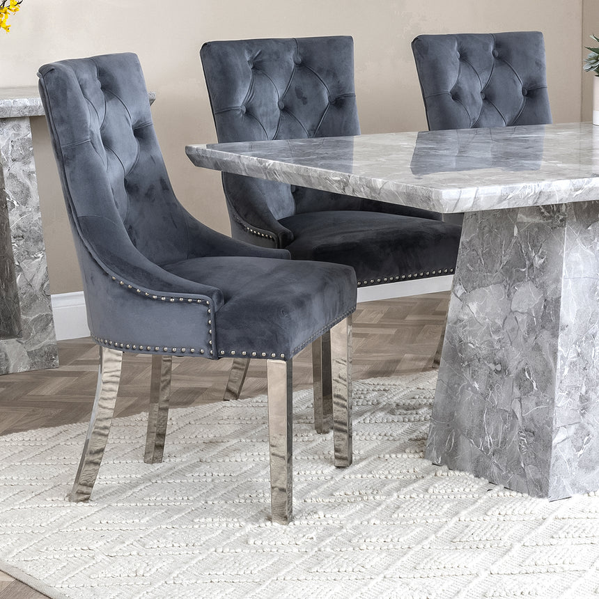 Pisa Marble Dining Set - Knocker Back Velvet Fabric Dining Chair with Chrome Legs