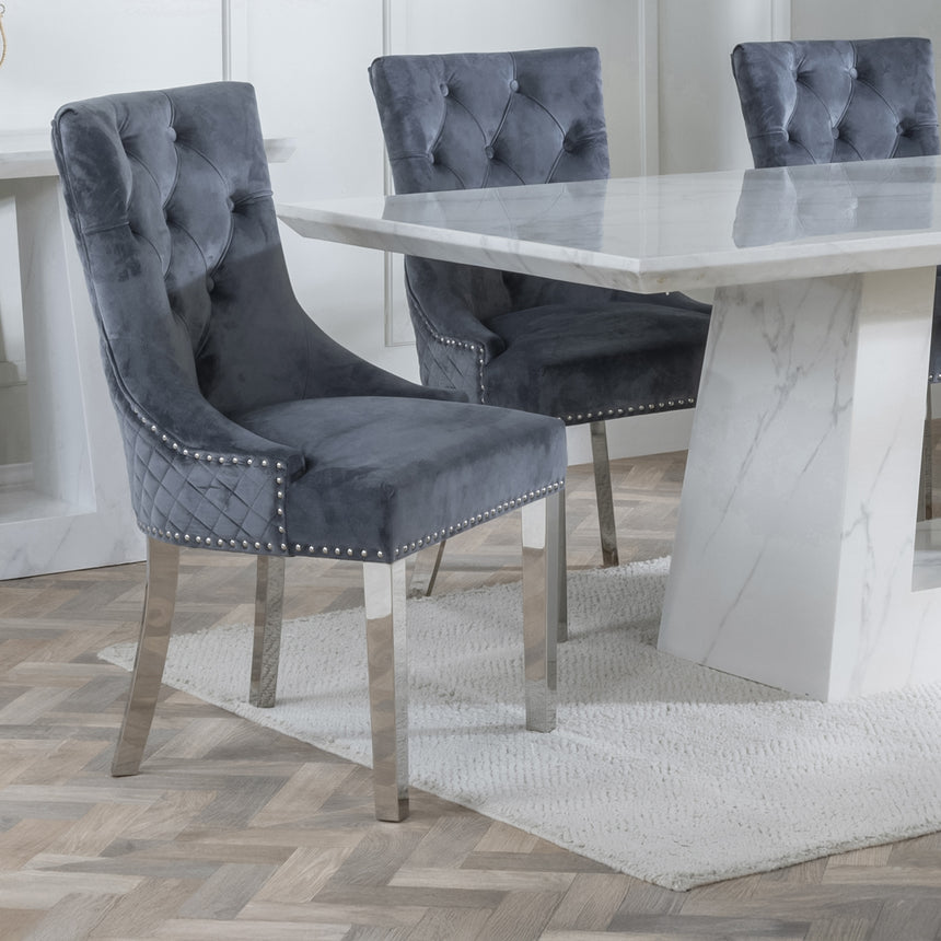 Pisa Marble Dining Set - Knocker Back Velvet Fabric Dining Chair with Chrome Legs