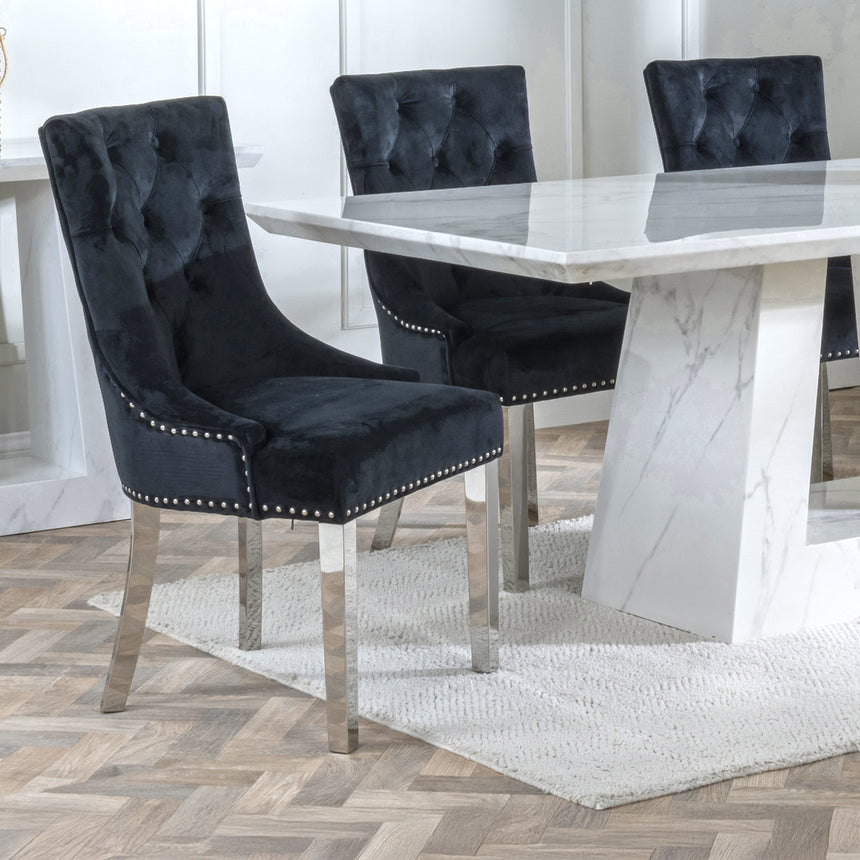 Pisa Marble Dining Set - Lion Knocker Back Velvet Fabric Dining Chair