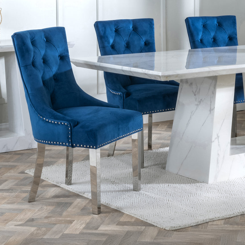 Pisa Marble Dining Set - Lion Knocker Back Velvet Fabric Dining Chair