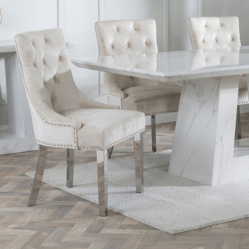 Pisa Marble Dining Set - Lion Knocker Back Velvet Fabric Dining Chair