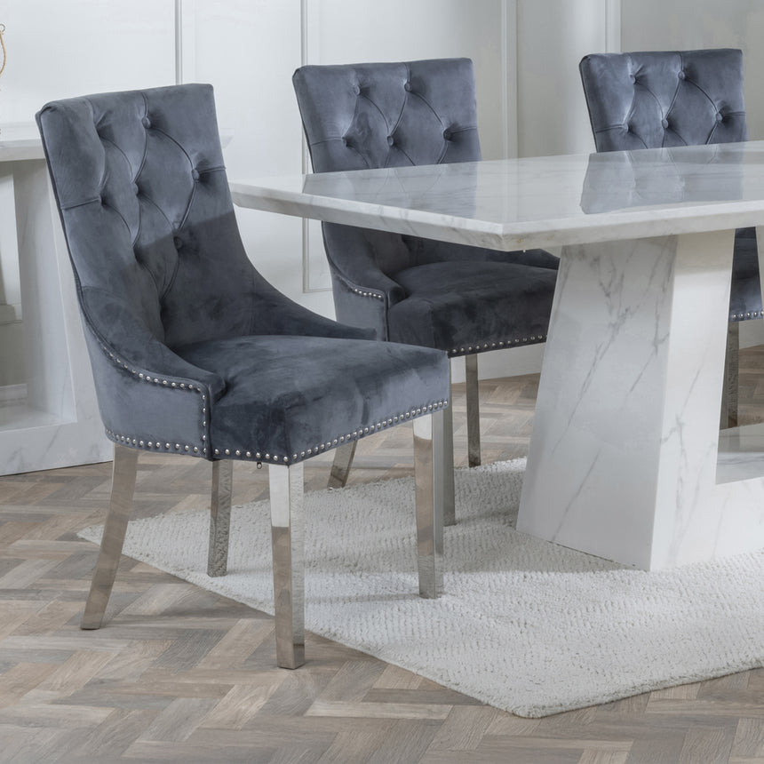 Pisa Marble Dining Set - Lion Knocker Back Velvet Fabric Dining Chair