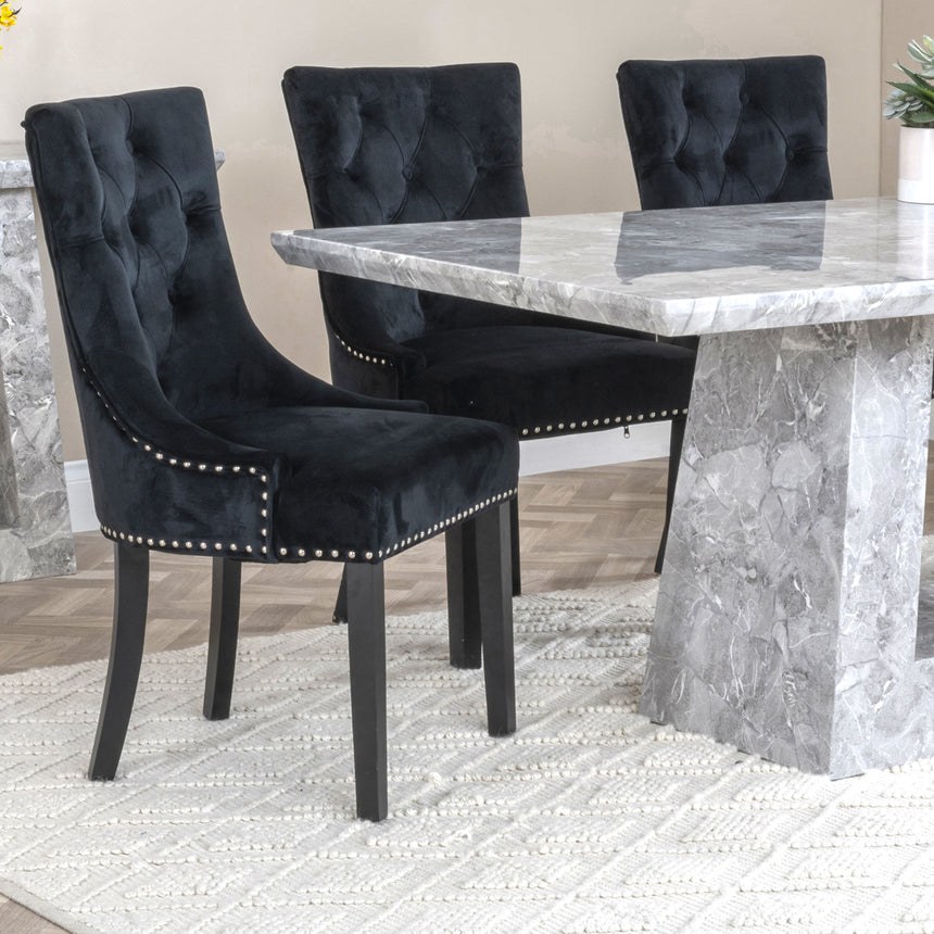 Pisa Marble Dining Set - Lion Knocker Back Velvet Fabric Dining Chair