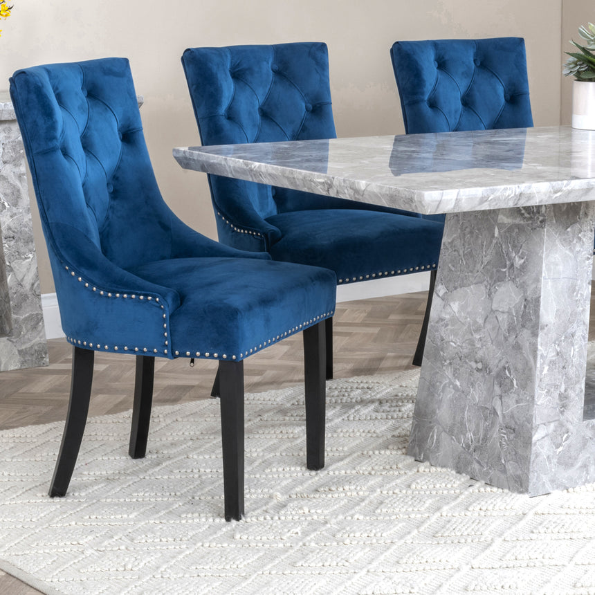 Pisa Marble Dining Set - Lion Knocker Back Velvet Fabric Dining Chair