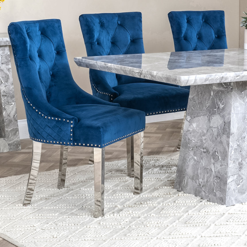 Pisa Marble Dining Set - Lion Knocker Back Velvet Fabric Dining Chair