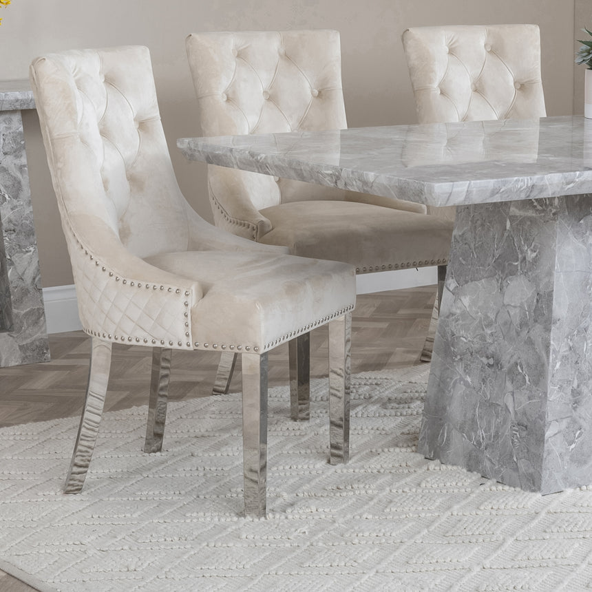 Pisa Marble Dining Set - Lion Knocker Back Velvet Fabric Dining Chair