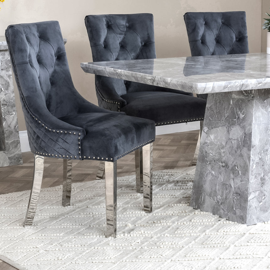Pisa Marble Dining Set - Lion Knocker Back Velvet Fabric Dining Chair