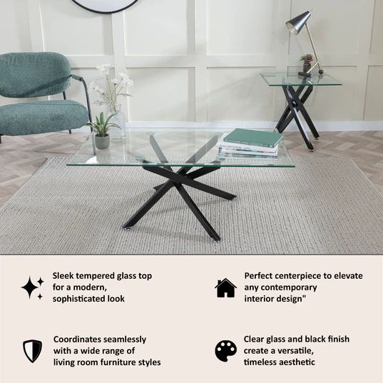 Ravenna Glass Coffee Table with Black Metal Chopstick Legs